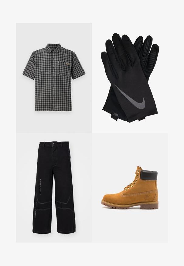 Fekete-fehér kockás rövidujjú ing, gombolható gallérral, elülső zsebbe és egy kis címkével a mellkasán.; Fekete, széles lábú farmernadrág, kontrasztos fehér varrással és geometrikus panel részletekkel. Elülső gombos záródással és zsebekkel.; Barna velúr bokacipő fekete párnázott gallérral, arany fém fűzőlyukakkal, fehér varrási részletekkel és durva gumitalppal, amelynek kifejezett barázdái vannak.; Fekete Nike kesztyűk sima szövetborítással, szürke swoosh logóval és texturált tapadással a tenyéren és az ujjakon.