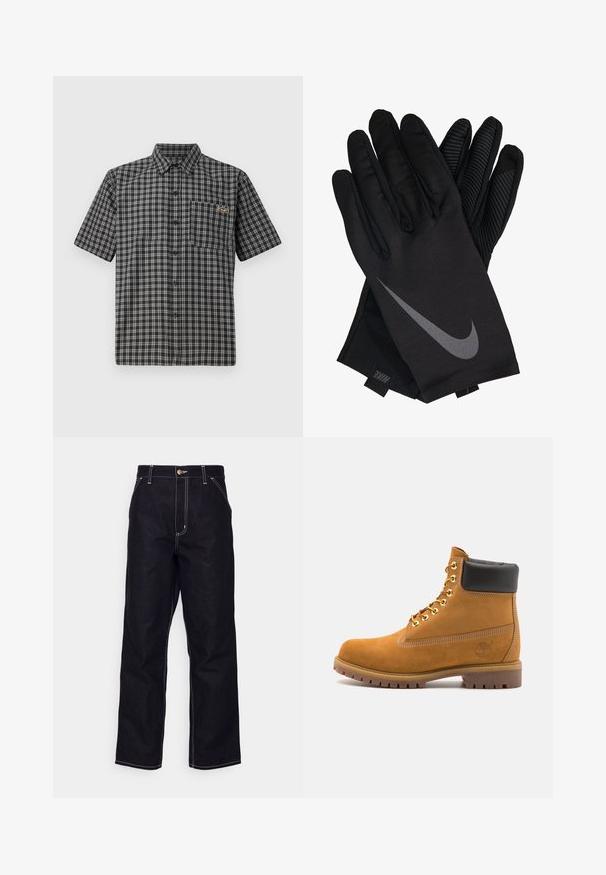 Kurzarmhemd im schwarz-weißen Karomuster, mit Kentkragen, Brusttasche und einem kleinen Etikett auf der Brust.; Schwarze Jeans aus Denim mit geradem Bein, kontrastierendem weißen Stich, Knopfverschluss und zwei Vordertaschen.; Beige Wildleder-Ankle-Boot mit schwarzem gepolstertem Kragen, goldenen Metallösen, weißen Nähdetalben und einer robusten Gummisohle mit ausgeprägtem Profil.; Schwarze Nike-Handschuhe mit glatter Stoffoberfläche, ausgestattet mit einem grauen Swoosh-Logo und strukturiertem Griff auf der Handfläche und den Fingern.