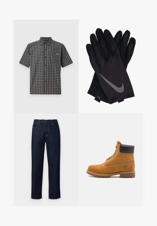 Lyhythihainen paita musta-valkoisessa ruutukuosissa, jossa on nappikaulus, etutasku ja pieni etiketti rinnassa.; Tummansinisiä farkkuja, joissa on suorat lahkeet, keskikorkea vyötärö, oranssia tikkausta ja klassinen viiden taskun muotoilu.; Valkoinen nahkainen nilkkuri mustalla pehmustetulla kauluksella, kultaisilla metallisilla rei'illä, valkoisella ompeluksella ja jykevällä kumipohjalla, jossa on selvästi näkyvät urat.; Mustat Nike-käsineet, joissa on sileä kangaspinta, harmaa swoosh-logo ja kuvioitu pito kämmenessä ja sormissa.