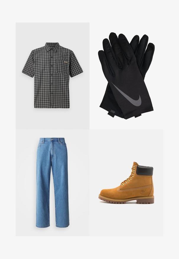 Trumpas rankovėmis marškiniai juodos ir baltos languotos medžiagos, su sagų apykakle, priekinėmis kišenėmis ir mažyte etikete krūtinėje.; Šviesiai mėlynos džinsinės plačios kojos kelnės su aukštu liemeniu, penkiomis kišenėmis ir mygtuko uždarymu. Lygi tekstūra su minimaliu blukimu.; Tan spalvą turintys suknelės batus iki kulkšnies su juodu paminkštintu apvadu, auksiniais metaliniais akių užsegimais, baltais siūlų dekoratyviniais elementais ir tvirtu guminiu padu su ryškiai išreikštais raštais.; Juodi "Nike" pirštinės su lygaus paviršiaus apdaila, turinčios pilką "swoosh" logotipą ir tekstūruotą sukibimą delnų ir pirštų srityse.