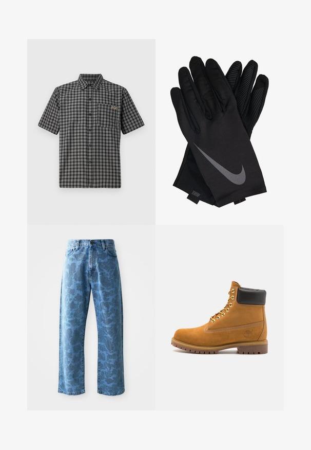 Košulja kratkih rukava u crno-bijelom kariranom uzorku, s ovratnikom na dugmad, prednjim džepom i malom etiketom na grudima.; Svijetloplave traperice s suptilnim tonskim cvjetnim uzorkom, široke nogavice, dizajn s pet džepova i kopčanje na gumbe na struku.; Antracitne antilop čizme do gležnjeva s crnim podstavljenim ovratnikom, zlatnim metalnim rupicama, bijelim šavovima i robusnom gumenom potplatom s izraženim šarama.; Crne Nike rukavice s glatkom tkaninom, koje imaju sivi swoosh logo i teksturiranu površinu na dlanu i prstima.