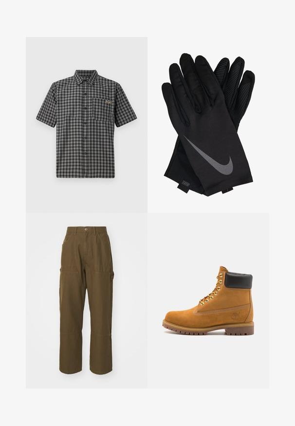 Tričko s krátkým rukávem v černobílé kostkované vzoru, s límcem na knoflíky, přední kapsou a malou nášivkou na hrudi.; Hnědé cargo kalhoty vyrobené z odolné směsi bavlny, s velkými bočními kapsami, uvolněným střihem a rovnými nohavicemi s viditelným šitím.; Hnědé semišové kotníkové boty s černým polstrovaným límcem, zlatými kovovými očky, bílým prošíváním a odolnou gumovou podrážkou s výraznými drážkami.; Černé rukavice Nike s hladkým textilním povrchem, které mají šedé logo swoosh a texturovaný úchop na dlaních a prstech.