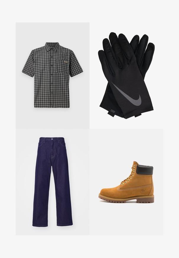 Lyhythihainen paita musta-valkoisessa ruutukuosissa, jossa on nappikaulus, etutasku ja pieni etiketti rinnassa.; Tumma sininen farkkukangas, leveät lahkeet ja korkea vyötärö, joissa on etutaskut ja nappisuljenta, esittäen sileää ja kestävää rakennetta.; Valkoinen nahkainen nilkkuri mustalla pehmustetulla kauluksella, kultaisilla metallisilla rei'illä, valkoisella ompeluksella ja jykevällä kumipohjalla, jossa on selvästi näkyvät urat.; Mustat Nike-käsineet, joissa on sileä kangaspinta, harmaa swoosh-logo ja kuvioitu pito kämmenessä ja sormissa.