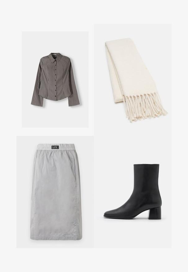 Stribet skjorte i brun og hvid med lange ærmer, spids krave og buet kant. Struktureret stof med lodrette striber.; Grå, knælang nederdel lavet af letvægtsmateriale, med elastisk talje og sidelommer. Branded label "LPS" på taljen.; Sorte læder ankelstøvler med spids tå og en kraftig firkantet hæl. Glat overflade med et sømløst design og minimalistisk syning.; Hvidt tørklæde med et struktureret mønster og frynser i enderne. Materialet virker blødt og let, omhyggeligt foldet for udstilling.; Sort tote taske lavet af tekstureret materiale, med to lange håndtag og et enkelt, minimalistisk design uden synligt hardware.