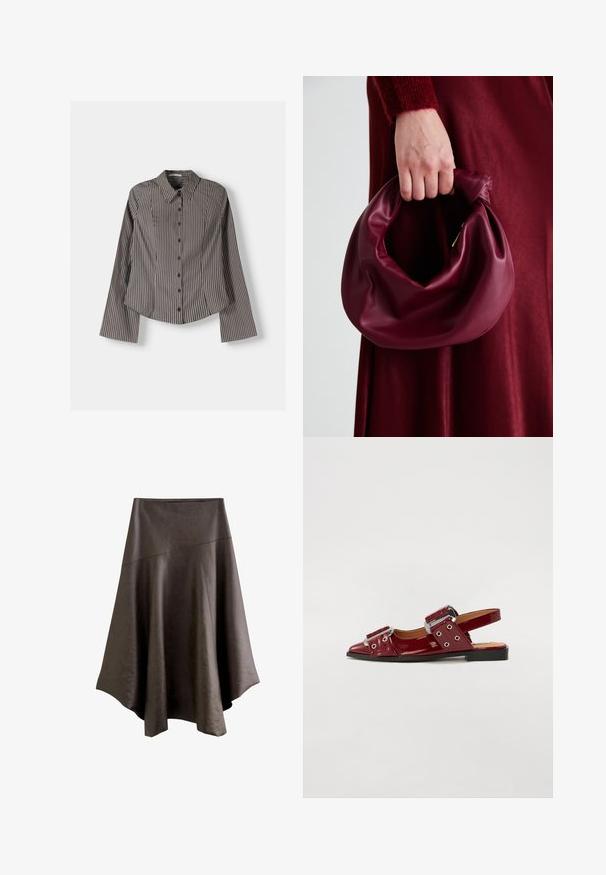 Chemise à boutons rayée marron et blanc, dotée de manches longues, d'un col pointu et d'un ourlet arrondi. Tissu texturé avec des rayures verticales.; Jupe midi asymétrique en simili cuir brun foncé avec des panneaux cousus et un ourlet évasé.; Chaussures slingback en cuir verni bordeaux avec un bout pointu, dotées de deux sangles réglables à boucle et d'accents en métal argenté.; Sac à main en cuir bordeaux au design doux et froncé, avec une forme arrondie. La poignée est fixée, mettant en valeur une texture lisse.; Montre avec bracelet en maille dorée, cadran rond noir, index minimalistes et couronne argentée ; présente un logo à la position de 12 heures.