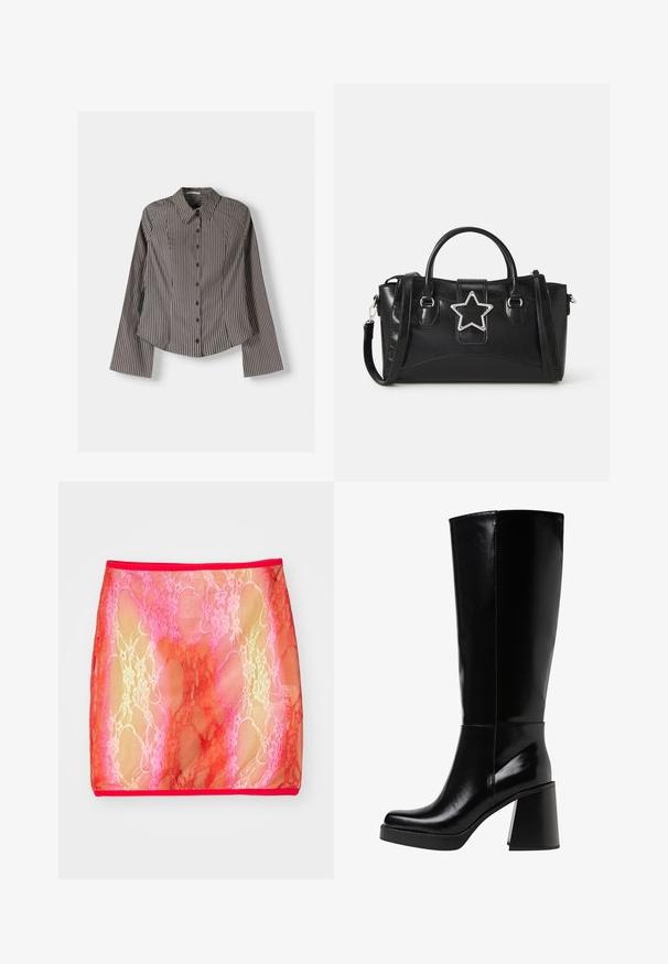 Pruhovaná košeľa s gombíkmi v hnedej a bielej farbe, so zapínaním na dlhé rukávy, špicatým golierom a zakriveným spodným lemom. Textúrovaná tkanina s vertikálnymi pruhmi.; Priehľadná čipkovaná mini sukňa s gradientom ružových a červených odtieňov, zdobená kvetinovým vzorom, zakončená pevným červeným pásom.; Čierne vysoké čižmy z lesklého materiálu, s masívnym blokovým podpätkom a zaoblenou špičkou. Pozdĺž vonkajšej strany sú švy.; Čierna kabelka vyrobená z umelého kože s hviezdicovým strieborným akcentom, dvojitými rukoväťami a nastaviteľným ramenným popruhom.