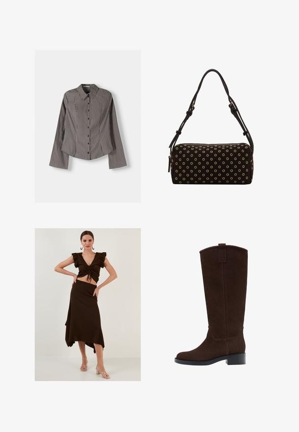 Prugasta košulja na dugih rukava u smeđoj i bijeloj boji, s oštrim kragnom i zakrivljenim rubom. Tekstuirana tkanina s vertikalnim prugama.; Smeđi rebrasti komplet koji se sastoji od topa s volanima i visokim strukom asimetrične suknje. Glatka tekstura, prilagođen dizajn.; Smeđe antilop čizme do koljena s okruglim prstom, suptilnim šavovima i niskom blok petom; imaju petlju na vrhu za lako obuvanje.; Crna pravokutna torba preko ramena s zlatnim rupicama i podesivim dvostrukim trakama, zatvaranje na patentni zatvarač na vrhu.
