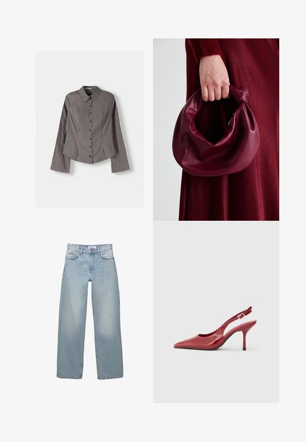 Cămașă cu dungi în nuanțe de maro și alb, având mâneci lungi, guler ascuțit și tiv curbat. Material texturat cu dungi verticale.; Jeans de denim, de culoare albastru deschis, cu croi larg. Prezintă un design clasic cu cinci buzunare și închidere cu nasture și fermoar.; Toc red din piele lucioasă, cu vârf ascuțit, toc stiletto subțire și un mic detaliu decupat pe lateral. Textură netedă.; Geantă de mână din piele burgundă, cu un design moale și pliat și o formă rotundă. Mânerele sunt securizate, evidențiind o textură netedă.
