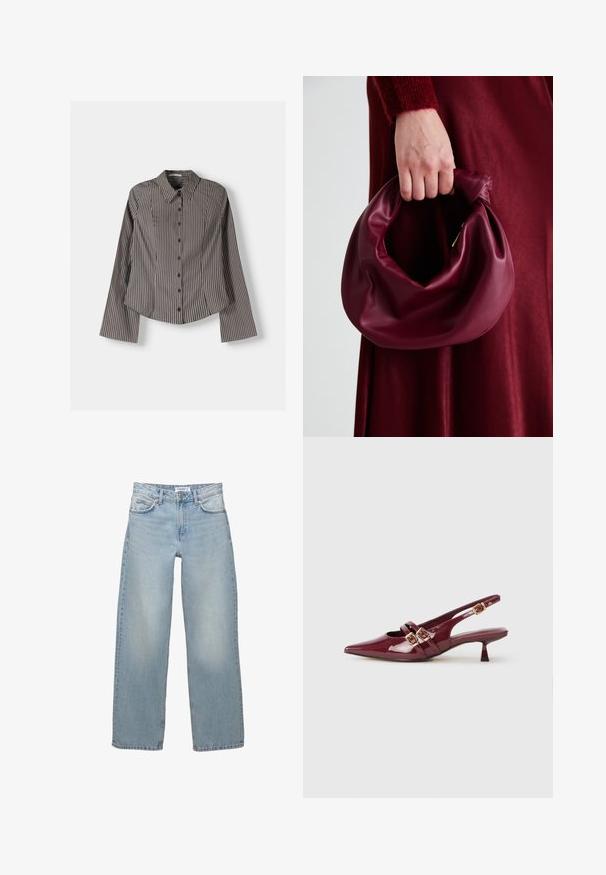 Gestreiftes Hemd in Braun und Weiß, mit langen Ärmeln, spitzem Kragen und abgerundetem Saum. Strukturierter Stoff mit vertikalen Streifen.; Helle blaue, weit geschnittene Jeans aus Denim. Verfügt über ein klassisches Fünf-Taschen-Design mit einem Knopf- und Reißverschluss.; Bordeauxfarbener Lackleder Slingback-Schuh mit einer spitzen Kappe, zwei flachen Riemen mit goldenen Schnallen und einem kleinen Absatz.; Burgunderleder-Handtasche mit einem weichen, gerafften Design und einer gerundeten Form. Der Griff ist gesichert und zeigt eine glatte Textur.