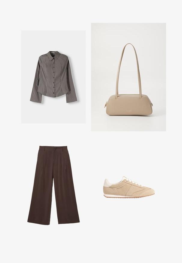Camicia a righe marrone e bianca, con maniche lunghe, colletto a punta e orlo curvo. Tessuto texturizzato con righe verticali.; Pantaloni a gamba larga in tessuto marrone scuro, caratterizzati da due pieghe frontali, una texture liscia e un design semplice con passanti per la cintura.; Stradivarius Sneakers basse - beige; Borsa a mano in pelle beige con una superficie liscia, forma rettangolare, due manici e accessori in tonalità oro. Presenta una chiusura a zip su un lato.
