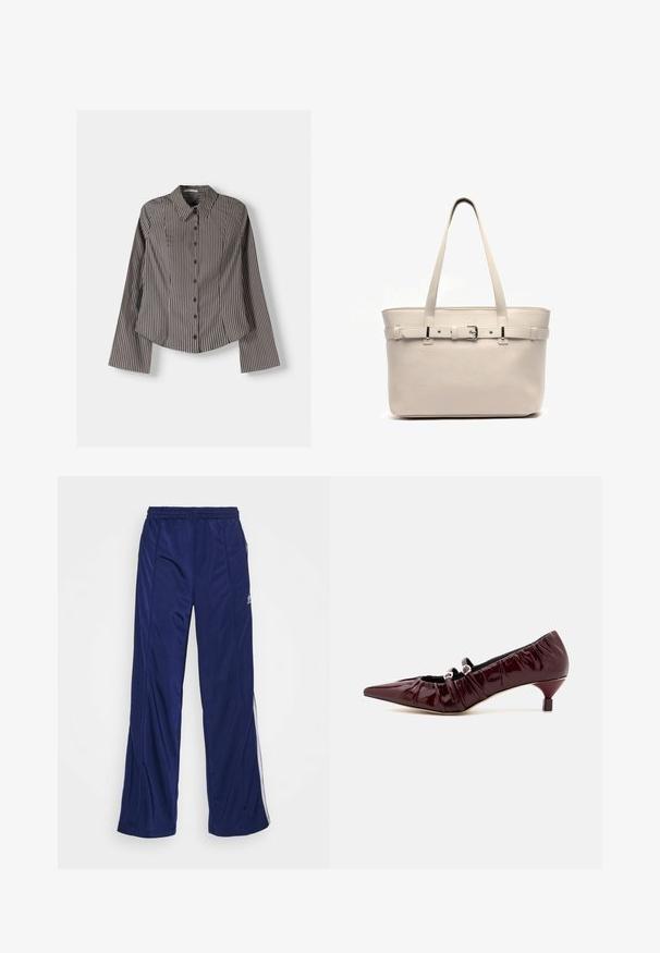 Pruhovaná košile na knoflíky hnědé a bílé barvy, s dlouhými rukávy, špičatým límcem a zakřiveným lemem. Texturovaná látka s vertikálními pruhy.; Námořnické sportovní kalhoty s elastickým pasem, rovnými nohavicemi a bočními zipy. Na bocích mají bílé lemování. Hladká textilie.; Burgundské lakované lodičky s špičatou špičkou, na nichž jsou zřetelné řasení a dvojité řemínky na kotníku, s krátkým blokovým podpatkem pro podporu.; Krémová kožená taška přes rameno s dvěma dlouhými uchy, hladkým povrchem, strukturovaným tvarem a ozdobou ve formě spony na přední straně.