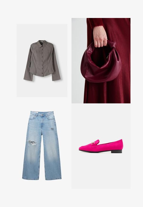 Pruhovaná košeľa s gombíkmi v hnedej a bielej farbe, so zapínaním na dlhé rukávy, špicatým golierom a zakriveným spodným lemom. Textúrovaná tkanina s vertikálnymi pruhmi.; Svetlomodré široké džínsy vyrobené z denimu, s vypálenými miestami na kolenách a dizajnom s piatimi vreckami. Čistý, priamy lem.; Fuchsiové semišové poltopánky s plochým čiernym podpätkom, s dekoratívnym pásikom a malým detailom pracky. Hladká textura a štýlový strih.; Burgundská kožená kabelka s mäkkým, zhromaždeným dizajnom a zaobleným tvarom. Rukoväť je pevne zaisťujúca a vystavuje hladkú textúru.; Zlaté hodinky na mrežovom remienku s čiernym okrúhlym ciferníkom, minimalistickými indexmi a striebornou korunou; obsahujú logo na pozícii 12 hodín.