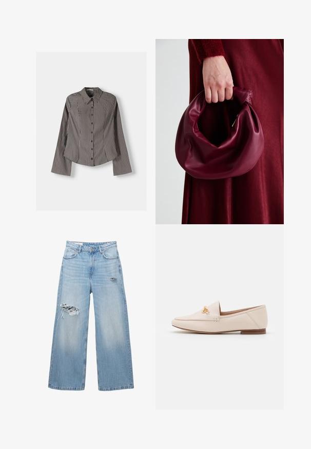 Striped button-up shirt in brown and white, featuring long sleeves, pointed collar, and curved hem. Textured fabric with vertical stripes.; Light blue wide-leg jeans made of denim, featuring distressed areas on the knees and a five-pocket design. Clean, straight hem.; Beige leather loafers with a sleek design, pointed toe, and gold hardware accent. Low brown heel for stability and comfort.; Burgundy leather handbag with a soft, gathered design and a rounded shape. The handle is secured, showcasing a smooth texture.; Gold mesh strap watch with a black round dial, minimalist indices, and a silver crown; features a logo at 12 o'clock position.