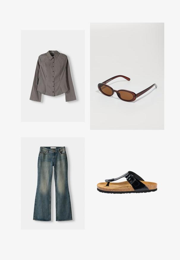 Stribet skjorte i brun og hvid med lange ærmer, spids krave og buet kant. Struktureret stof med lodrette striber.; Blå flared jeans med en falmet vask, fem lommer og knaplukning. Materialet viser en denimtekstur med subtile syninger.; Sort patenteret læder flip-flop sandal med en korkfodseng, gummisål og en spændeaccent på remmen. Glat overflade, minimalistisk design.; Runde, bruntonede solbriller med en glansfuld bordeauxramme. Slanke arme med diskret brandingdetalje. Flad linsedesign.