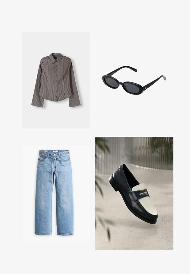 Gestreiftes Hemd in Braun und Weiß, mit langen Ärmeln, spitzem Kragen und abgerundetem Saum. Strukturierter Stoff mit vertikalen Streifen.; Hellblaue Jeans im weiten Schnitt mit hoher Taille, Knopf- und Reißverschluss sowie einer Kordelzugdetails an der Taille. Roh geschnittener Saum.; Schwarzer und weißer Lederloafer mit dekorativem Stich, schwebend über einem Betonboden mit verschwommenen Pflanzen im Hintergrund.; Schwarze, oversized Sonnenbrillen mit ovalen Gläsern, glattem Kunststoffrahmen und goldenen Akzenten an den Bügeln. Die dunklen Gläser bieten Sonnenschutz.; Schwarze Lederhandtasche mit strukturiertem Design, glatter Textur und einem einzelnen Schulterriemen. Verfügt über ein dezentes, abgerundetes Klappendesign.; Armbanduhr aus goldfarbenem Metall mit einer glatten, polierten Oberfläche und einer gravierten "DANIEL WELLINGTON"-Detail entlang des Bandes.