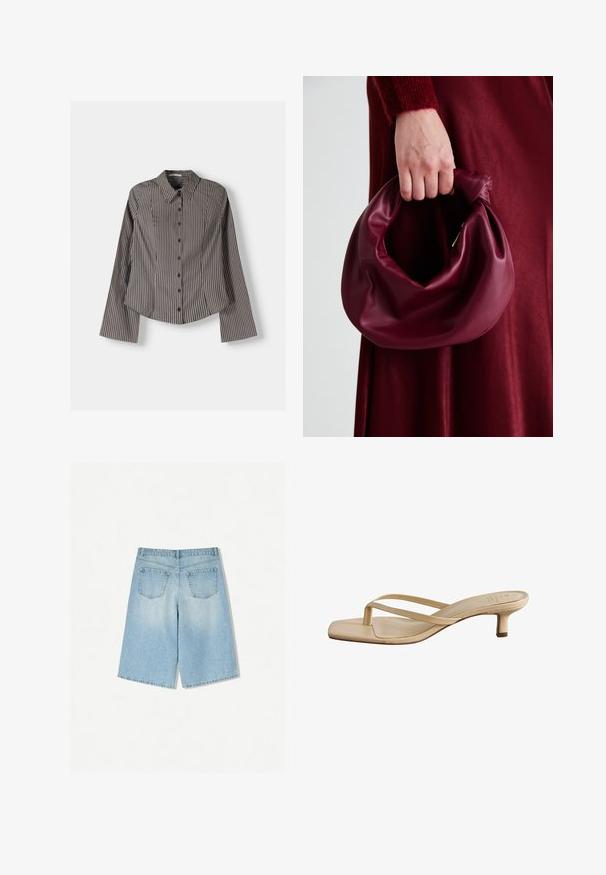Gestreiftes Hemd in Braun und Weiß, mit langen Ärmeln, spitzem Kragen und abgerundetem Saum. Strukturierter Stoff mit vertikalen Streifen.; Helle blaue Denim-Shorts mit lockerer Passform, ausgestattet mit zwei Gesäßtaschen und einem geraden Schnitt. Sauberer Saum und weiche Textur.; Beige Absatzsandalen mit quadratischem Zehendesign. Hergestellt aus glattem Material, mit dünnen Riemen und einem niedrigen Blockabsatz.; Burgunderleder-Handtasche mit einem weichen, gerafften Design und einer gerundeten Form. Der Griff ist gesichert und zeigt eine glatte Textur.