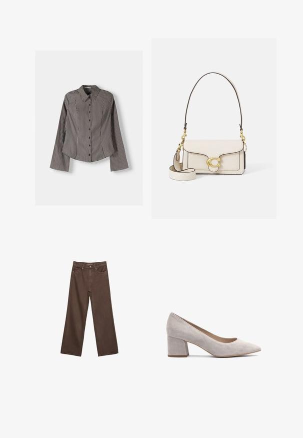 Prugasta srajca z gumbi v rjavi in beli barvi, z dolgimi rokavi, koničastim ovratnikom in ukrivljenim robom. Teksturovana tkanina z navpičnimi črtami.; Široke rjave kavbojke iz denima, ki imajo visok pas, sprednje žepe in klasično zapiranje na gumb. Gladka tekstura s subtilnim šivom.; Sive zamška pumps s blokom in konico, gladka tekstura in nizko izrezan odprtina za enostavno obuvanje. Trden petek nudi stabilnost.; Kremasta usnjena torbica s strukturo, kontrastnimi črnimi robovi, z zlatim okovjem in snemljivim trakom, ki ima podpisani logotip.; Zlata mrežasta narukvica s crnim okruglim brojčanikom, minimalistični indeksi i srebrna krunica; s logotipom na položaju 12 sati.