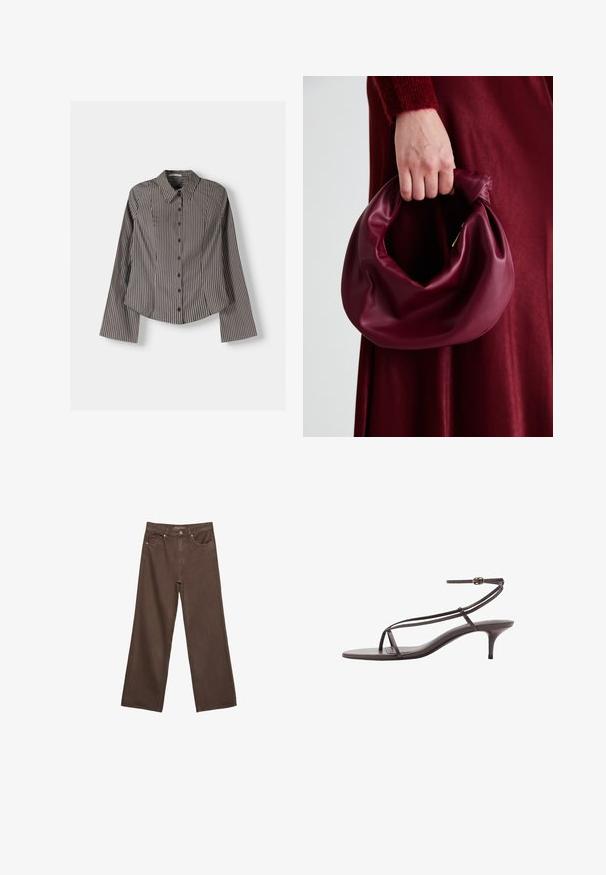 Pruhovaná košeľa s gombíkmi v hnedej a bielej farbe, so zapínaním na dlhé rukávy, špicatým golierom a zakriveným spodným lemom. Textúrovaná tkanina s vertikálnymi pruhmi.; Džínsy s širokými nohavicami v hnedej farbe, vyrobené z denimu, so zvýšeným pásom, prednými vreckami a klasickým zapínaním na gombík. Hladká textúra s jemným prešívaním.; Hnedé kožené sandále na podpätku s tenkými remienkami, minimalistický dizajn, otvorená špička a štíhly stiletto podpätok. Obsahuje nastaviteľný remienok na členku.; Burgundská kožená kabelka s mäkkým, zhromaždeným dizajnom a zaobleným tvarom. Rukoväť je pevne zaisťujúca a vystavuje hladkú textúru.