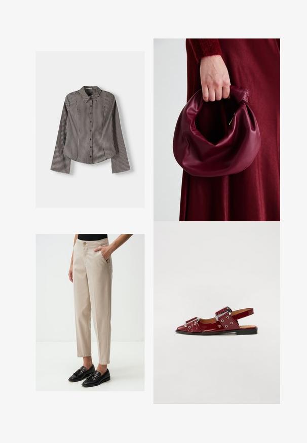 Chemise à boutons rayée marron et blanc, dotée de manches longues, d'un col pointu et d'un ourlet arrondi. Tissu texturé avec des rayures verticales.; Pantalons beige ajustés avec poches latérales, coupe fuselée et fermeture à bouton à la taille, associés à des mocassins noirs avec des accents de gland.; Chaussures slingback en cuir verni bordeaux avec un bout pointu, dotées de deux sangles réglables à boucle et d'accents en métal argenté.; Sac à main en cuir bordeaux au design doux et froncé, avec une forme arrondie. La poignée est fixée, mettant en valeur une texture lisse.; Montre avec bracelet en maille dorée, cadran rond noir, index minimalistes et couronne argentée ; présente un logo à la position de 12 heures.