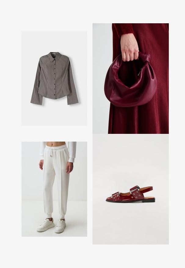 Gestreiftes Hemd in Braun und Weiß, mit langen Ärmeln, spitzem Kragen und abgerundetem Saum. Strukturierter Stoff mit vertikalen Streifen.; Weiße Jogginghose mit elastischem Bund, Kordelzug, Seiten Taschen und schmalen Knöcheln, kombiniert mit weißen Sneakers.; Burgunderfarbene Lackleder-Slingbacks mit spitzer Zehe, ausgestattet mit zwei verstellbaren Riemen mit Schnallen und silberfarbenen Akzenten.; Burgunderleder-Handtasche mit einem weichen, gerafften Design und einer gerundeten Form. Der Griff ist gesichert und zeigt eine glatte Textur.; Gold mesh-Armbanduhren mit einem schwarzen runden Zifferblatt, minimalistischen Indizes und einer silbernen Krone; mit einem Logo an der 12-Uhr-Position.