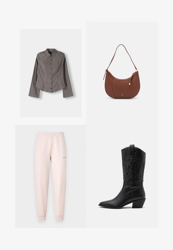 Randig skjorta i brun och vit, med långa ärmar, spetsig krage och rundad nederkant. Texturerad tyg med vertikala ränder.; Ljusrosa sweatpants med ribbad midja och elastiska mudd. Har en liten broderad logo på vänster lår. Mjuk tygstruktur.; Svart läder cowboyboot med spetsig tå, präglade svängande mönster och medelhögt klack. Har en dragflik för enkel påtagning.; Brun faux läder axelväska med rundad form, minimal sömnad och detaljer i guldfärgad hårdvara. Har en övre dragkedjestängning och justerbar rem.