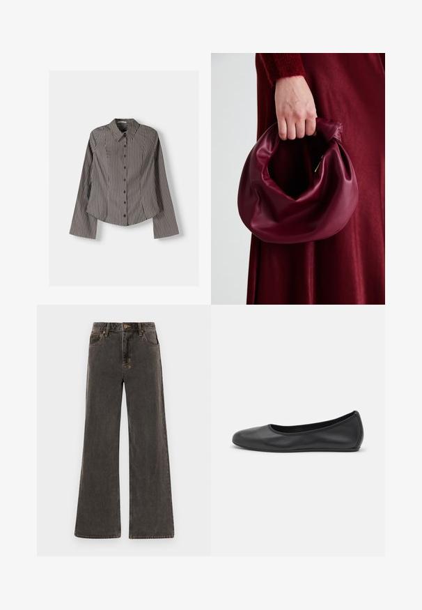 Prugasta košulja na dugih rukava u smeđoj i bijeloj boji, s oštrim kragnom i zakrivljenim rubom. Tekstuirana tkanina s vertikalnim prugama.; Široke traperice u tamnosivom denimu. Imaju visoki struk, pet džepova i kontrastne zlatne šavne detalje. Suptilno trošenje daje teksturirani izgled.; Crne kožne baletanke s zaobljenim vrhom, glatke teksture, minimalnim detaljima šavova i fleksibilnim dizajnom potplata.; Bordo kožni ruksač s mekim, naboranim dizajnom i zaobljenim oblikom. Ručka je sigurno pričvršćena, pokazujući glatku teksturu.