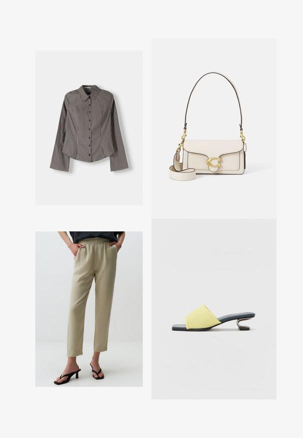 Camicia a righe marrone e bianca, con maniche lunghe, colletto a punta e orlo curvo. Tessuto texturizzato con righe verticali.; Pantaloni beige chiari a vita alta con una cintura elastica, gambe dritte e tessuto morbido. Abbinati a sandali neri con tacco.; Mule slip-on in suede giallo con punta quadrata e tacco metallico curvo. La suola è nera e la soletta presenta un motivo.; Borsa a mano in pelle crema con un design strutturato, bordi neri a contrasto, hardware dorato e tracolla rimovibile con logo distintivo.; Orologio con cinturino a rete dorata, quadrante rotondo nero, indici minimalisti e corona argentata; presenta un logo in posizione 12.