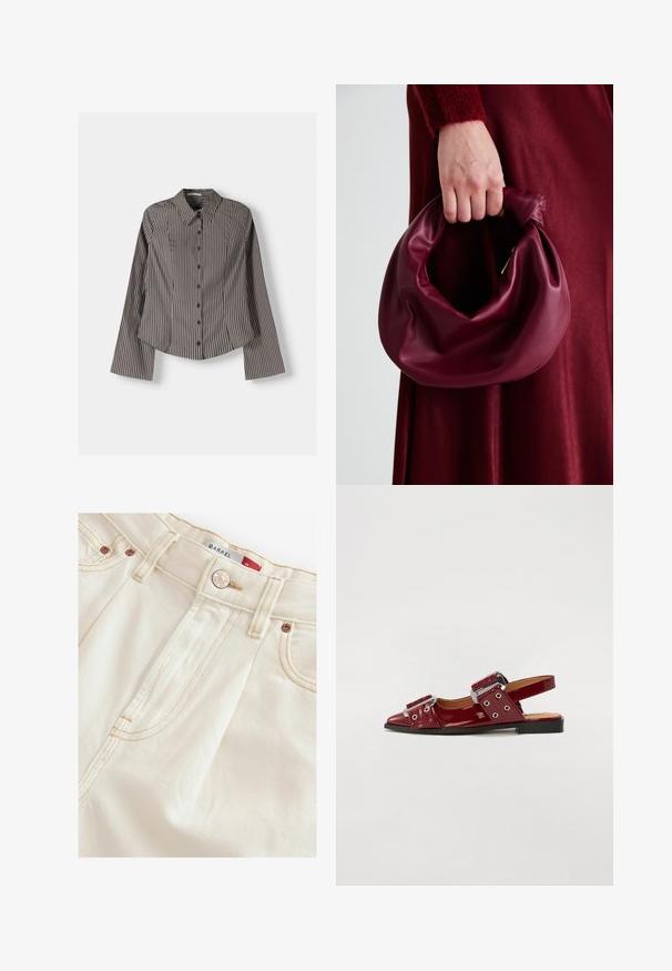 Gestreiftes Hemd in Braun und Weiß, mit langen Ärmeln, spitzem Kragen und abgerundetem Saum. Strukturierter Stoff mit vertikalen Streifen.; Cremfarbene Denim-Jeans mit geradem Schnitt, ausgestattet mit Kupferbeschlägen, tonalen Nähten und sichtbaren Seitennähten für Struktur.; Burgunderfarbene Lackleder-Slingbacks mit spitzer Zehe, ausgestattet mit zwei verstellbaren Riemen mit Schnallen und silberfarbenen Akzenten.; Burgunderleder-Handtasche mit einem weichen, gerafften Design und einer gerundeten Form. Der Griff ist gesichert und zeigt eine glatte Textur.; Gold mesh-Armbanduhren mit einem schwarzen runden Zifferblatt, minimalistischen Indizes und einer silbernen Krone; mit einem Logo an der 12-Uhr-Position.