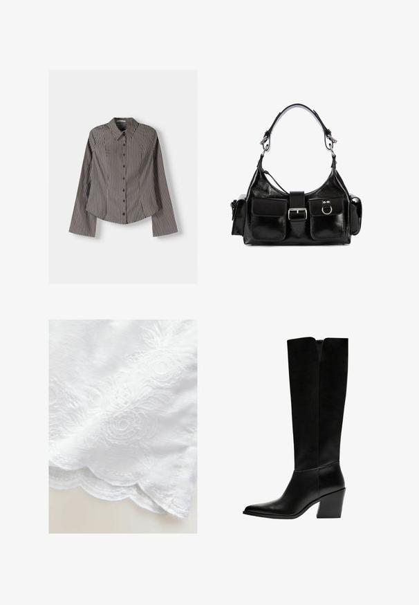 Chemise à boutons rayée marron et blanc, dotée de manches longues, d'un col pointu et d'un ourlet arrondi. Tissu texturé avec des rayures verticales.; Tissu blanc avec broderies florales, présentant des bords festonnés. La texture est lisse avec un léger éclat. Détails complexes sur le design.; Bottes noires montantes en cuir lisse, avec un bout pointu, un talon bloc et une découpe en V en haut.; Sac à main en cuir noir avec une finition brillante, doté d'une boucle centrale, de deux poches avant et d'une courte bandoulière.