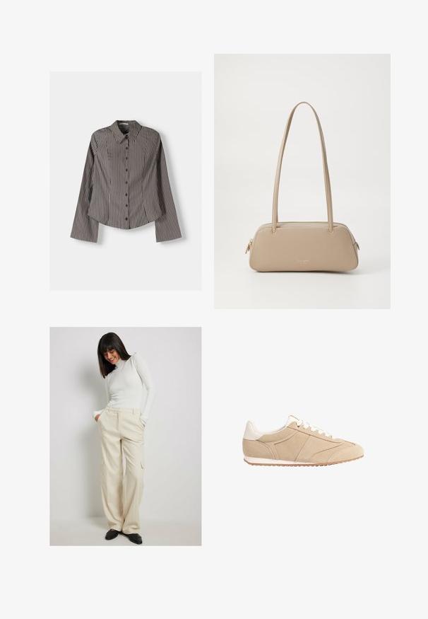 Gestreiftes Hemd in Braun und Weiß, mit langen Ärmeln, spitzem Kragen und abgerundetem Saum. Strukturierter Stoff mit vertikalen Streifen.; NA-KD Cargohose - cream; Stradivarius Sneaker low - beige; Beige Lederhandtasche mit glatter Textur, rechteckiger Form, zwei Griffen und Hardware in Goldfarbe. Verfügt über einen Reißverschluss an einer Seite.