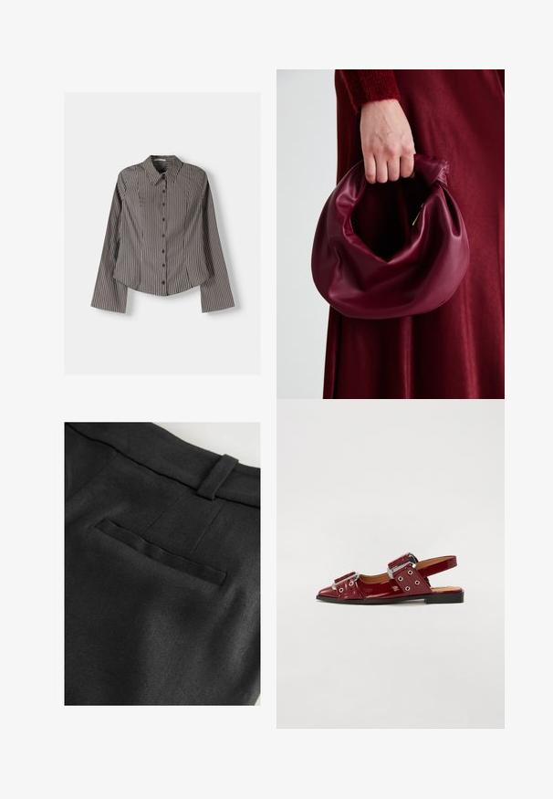 Chemise à boutons rayée marron et blanc, dotée de manches longues, d'un col pointu et d'un ourlet arrondi. Tissu texturé avec des rayures verticales.; Next RICH TAILORED JORT - Short - black; Chaussures slingback en cuir verni bordeaux avec un bout pointu, dotées de deux sangles réglables à boucle et d'accents en métal argenté.; Sac à main en cuir bordeaux au design doux et froncé, avec une forme arrondie. La poignée est fixée, mettant en valeur une texture lisse.