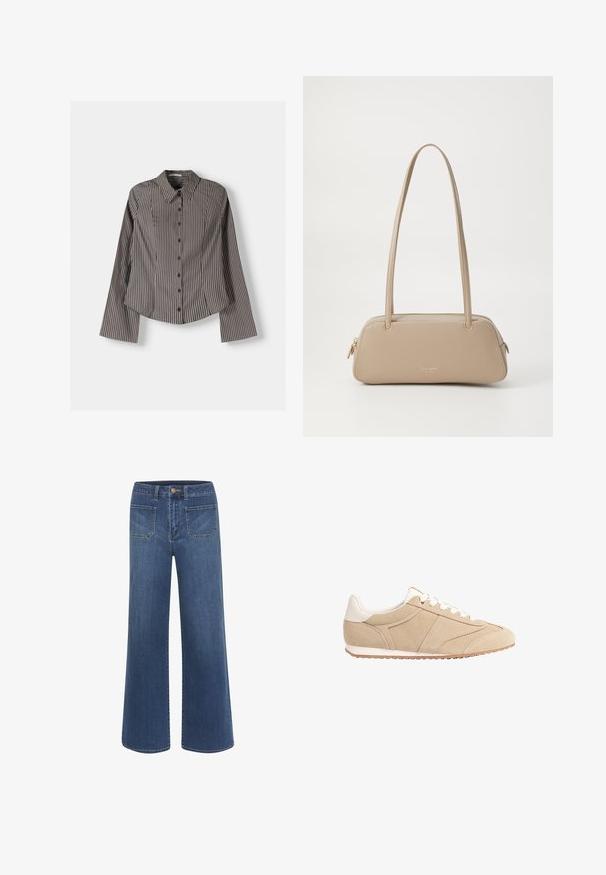 Pasiasta koszula z długim rękawem w brązowo-białe paski, z punktowym kołnierzykiem i zaokrąglonym dołem. Teksturowana tkanina z pionowymi paskami.; Jeansy o szerokich nogawkach w ciemnoniebieskim denimu o gładkiej fakturze, z zapięciem na guziki, pięcioma kieszeniami i kontrastującymi detalami przeszyć.; Stradivarius - Sneakersy niskie; Beżowa skórzana torebka o gładkiej fakturze, prostokątnym kształcie, z dwiema rączkami i złotymi akcentami. Posiada zamek błyskawiczny z jednej strony.
