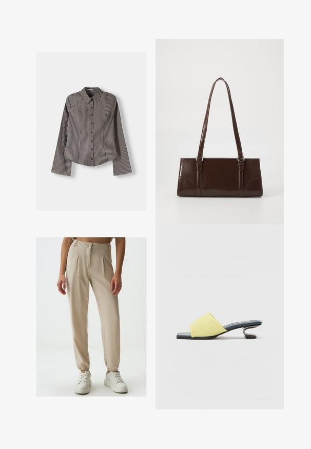 Gestreept overhemd in bruin en wit, met lange mouwen, een puntige kraag en een afgeronde zoom. Gestructureerde stof met verticale strepen.; Beige geplooide broeken met knoopsluiting, elastische manchetten en een gladde textuur, gecombineerd met witte sneakers op een effen achtergrond.; Geel suède muil met een vierkante neus en een metalen, gebogen hak. De zool is zwart en de binnenzool heeft een patroon.; Bruine lakleren handtas met een rechthoekige vorm, twee lange handvatten en subtiele gebogen accenten aan de voorkant.; Gouden mesh horloge met een zwarte ronde wijzerplaat, minimalistische indexen en een zilveren kroon; heeft een logo op de positie van 12 uur.