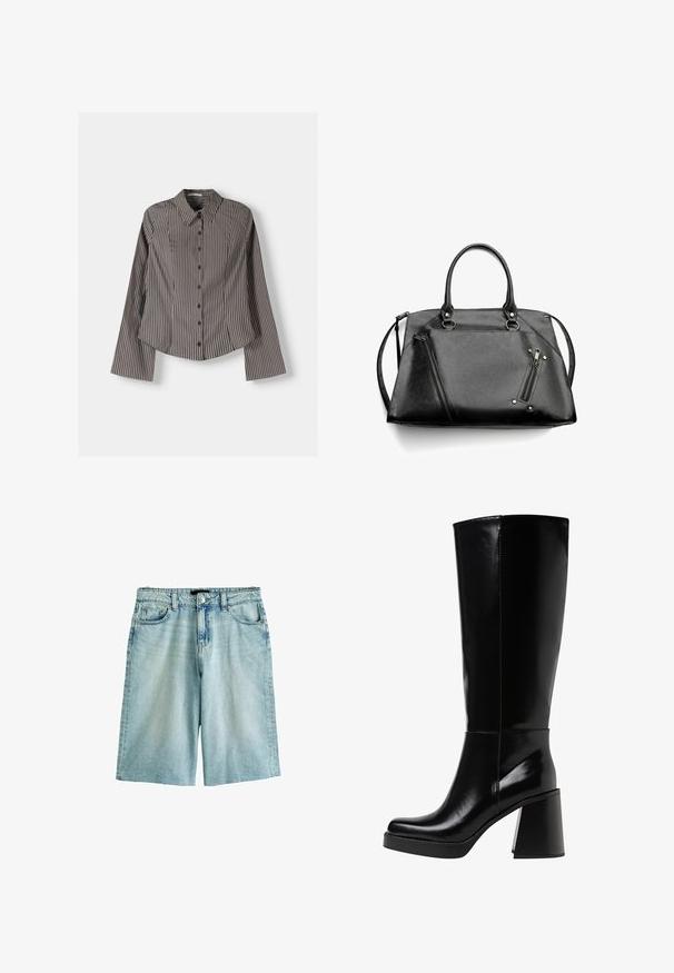 Stribet skjorte i brun og hvid med lange ærmer, spids krave og buet kant. Struktureret stof med lodrette striber.; Lyseblå denimshorts med afslappet pasform, med knaplukning, bæltestropper og for- og baglommer. Struktureret stof, bleget finish.; Sorte knæhøje støvler lavet af skinnende materiale, med en kraftig blokhæl og en rund tå. Sømdetaljer løber langs den ydre side.; Sort faux læder håndtaske med dobbelte håndtag, en aftagelig rem, skrå lynlåse og sølvfarvet hardware. Tekstureret overflade med syninger.