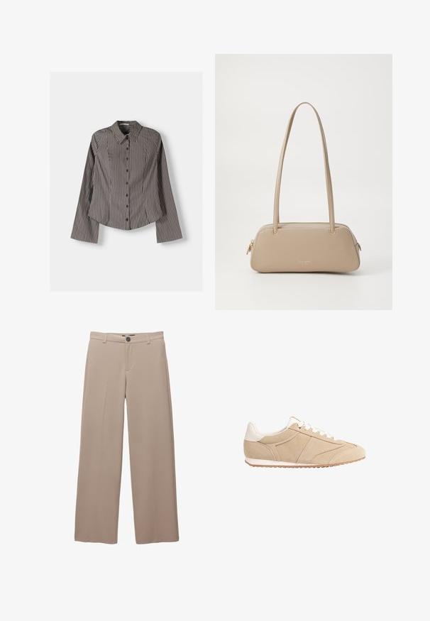 Pruhovaná košeľa s gombíkmi v hnedej a bielej farbe, so zapínaním na dlhé rukávy, špicatým golierom a zakriveným spodným lemom. Textúrovaná tkanina s vertikálnymi pruhmi.; Béžové nohavice s širokými nohavicami, s gombíkom a zipsom, s hladkým, jednofarebným materiálom a čistým predným dizajnom.; Stradivarius Tenisky - beige; Beige kožená kabelka s hladkou textúrou, obdĺžnikovým tvarom, dvomi uchami a zlatým kovovým doplnkom. Na jednej strane sa nachádza zipsové uzavretie.