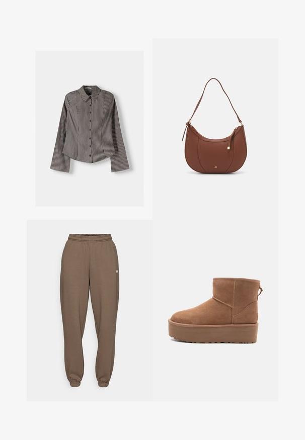 Csíkos gombos ing barna és fehér színben, hosszú ujjakkal, hegyes gallérral és ívelt aljjal. Texturált anyag, függőleges csíkokkal.; Barna sportnadrág, rugalmas derékkal és mandzsettákkal. Puha, textúrált anyag, oldalán egy kis logóval. Szűkülő lábszárú kialakítás.; Barna suede bokacsizma platform talppal, lekerekített orral és varrás részletekkel; a hátsó részen húzófül található a könnyű felhúzás érdekében.; Barna műbőr válltáska ívelt formával, minimális varrással és arany színű kiegészítőkkel. Jellemzője a felső cipzáras záródás és állítható pánt.