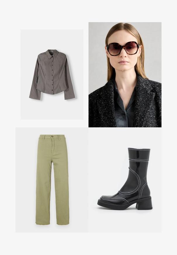 Gestreiftes Hemd in Braun und Weiß, mit langen Ärmeln, spitzem Kragen und abgerundetem Saum. Strukturierter Stoff mit vertikalen Streifen.; Hellgrüne, hoch taillierte Hose mit geradem Bein. Mit Knopfverschluss und ausgefranstem Saum. Hergestellt aus Baumwollstoff mit glatter Textur.; Schwarze Lackleder-Ankle Boots mit weißen Nähten, abgerundeter Zehe und Blockabsatz. Besitzt geschwungene Designlinien und eine glatte Textur.; Übergroße Schildpatt-Sonnenbrille mit verlaufenden Gläsern, schwarzer dicker Rahmen, kombiniert mit einem dunklen strukturierten Mantel und einer Seidenbluse.