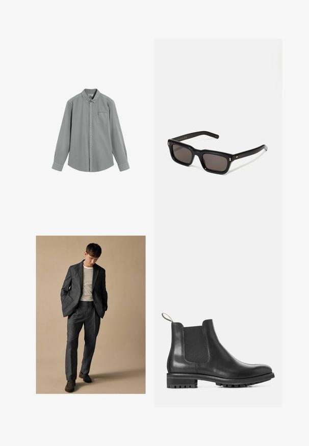 Cămașă cu mâneci lungi, gri, cu buzunar pe piept și guler cu nasturi, așezată plat pe un fundal alb.; Costum gri, ajustat, cu rever în formă de denivelare și buzunare în față, asociat cu o cămașă cu dungi. Pantalonii au o croială lejeră și detalii de pliuri. Pantofi maronii.; Botă Chelsea din piele neagră cu panou elastic pe laturi, vârf rotund și talpă din cauciuc cu un model texturat pentru aderență.; Ochelari de soare negri, rectangul care au lentile întunecate, ramă din plastic gros, accente aurii pe brațe și logo-ul brandului gravat pe mâner.