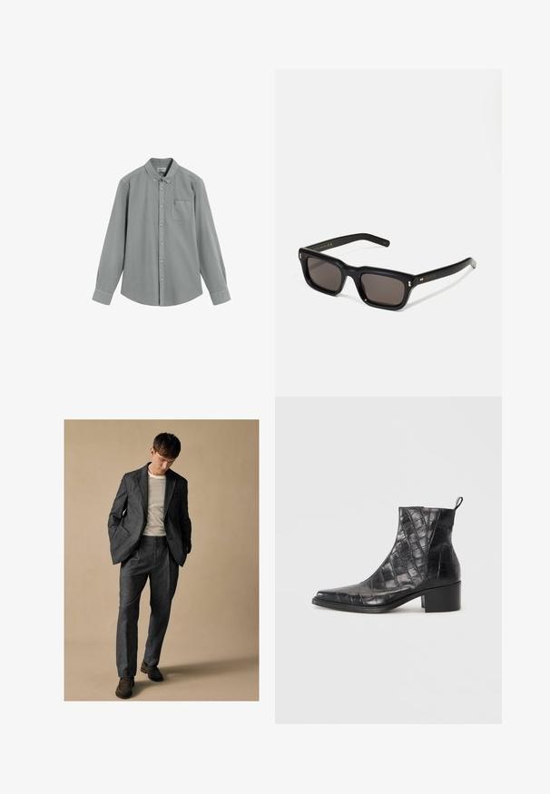 Harmaa pitkähihaisen nappipaidan, jossa on rintatasku ja napitettava kaulus, joka on aseteltu litteäksi valkoiselle taustalle.; Harmaa muotopuku, jossa on kaarrettu läppä ja etutaskut, yhdistettynä raidalliseen kauluspaitaan. Housuissa on rento istuvuus ja taitetut yksityiskohdat. Ruskeat kengät.; Mustat nilkkurit, jotka on valmistettu teksturoidusta keinonahasta krokotiilikuviolla, neliönmuotoisella kärjellä ja tukevalla kantapäällä.; Mustat suorakulmaiset aurinkolasit tummilla linsseillä, paksu muovikehys, kultaiset korostukset temppeleissä ja brändin logo kaiverrettuna varteen.
