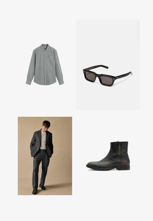 Langærmet grå skjorte med knapper, brystlomme og knap-nede krave, lagt fladt på en hvid baggrund.; Grå skræddersyet jakkesæt med klaplapeller og frontlommer, suppleret med en stribet skjorte. Bukserne har en afslappet pasform og pressede folder. Brune sko.; AllSaints LANG - Støvletter - brown; Sorte rektangulære solbriller med mørke glas, tyk plastisk ramme, guldtryk på stængerne og brandlogo indgraveret på armen.