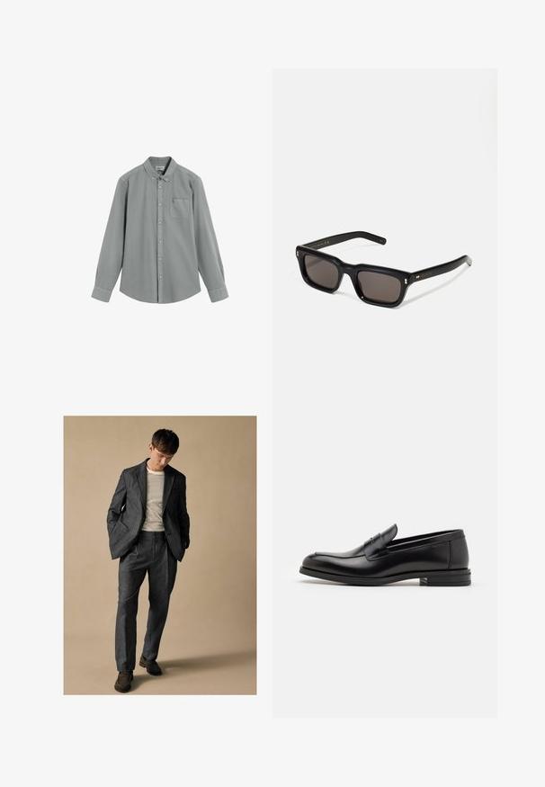 Grå långärmad skjorta med knäppning, bröstficka och knäppbar krage, liggande platt på en vit bakgrund.; Grå skräddarsydd kostym med spetsiga slag och framfickor, i kombination med en randig skjorta. Byxorna har en avslappnad passform och pressveck. Bruna skor.; Svarta läderloafers med en slät yta, rund tå och ett dekorativt band över främre delen. Låg staplad klack, minimalistisk design.; Svarta rektangulära solglasögon med mörka linser, tjock plastbåge, guldfinish på skalmarna och varumärkeslogotyp graverad på armen.