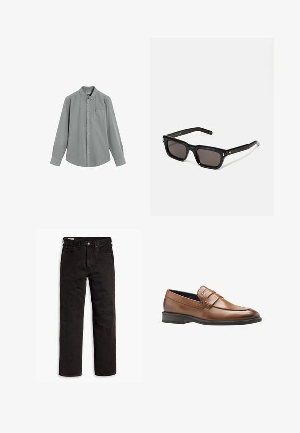 Camicia grigia a maniche lunghe, con taschino sul petto e colletto button-down, adagiata su uno sfondo bianco.; Jeans in denim neri a gamba dritta con cinque tasche, chiusura a bottone e passanti per cintura, adagiati su uno sfondo bianco.; Mocassino in pelle marrone con finitura liscia, caratterizzato da accenti cuciti e un logo in rilievo sul davanti. Punta leggermente arrotondata e suola nera.; Occhiali da sole neri rettangolari con lenti scure, montatura spessa in plastica, dettagli dorati sulle tempie e logo del marchio inciso sull'asta.