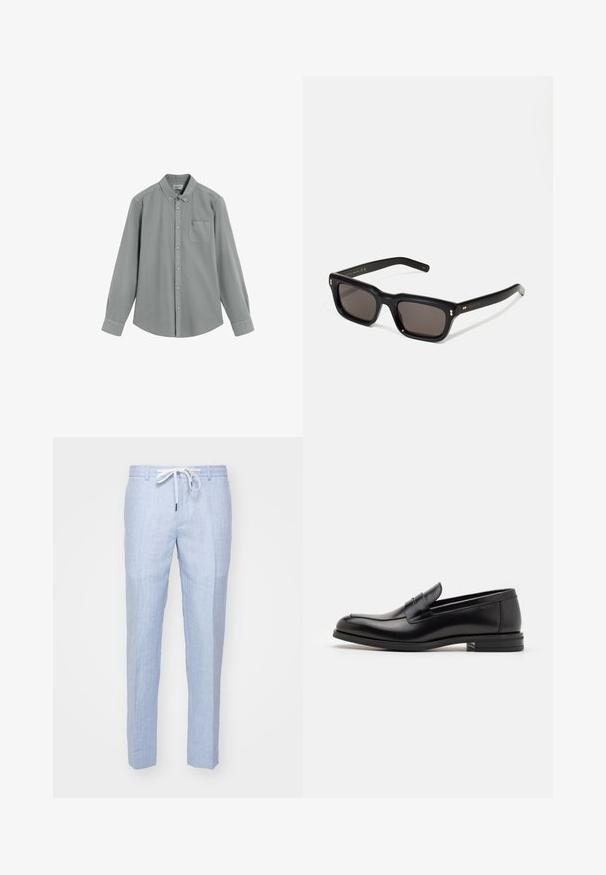 Langärmliges, graues Hemd mit Knopfleiste und Brusttasche, flach auf einem weißen Hintergrund ausgebreitet.; Helle blaue Leinenhose im geraden Schnitt mit einem Kordelzugbund und einer glatten Textur. Keine sichtbaren Taschen oder dekorativen Elemente.; Schwarze Lederloafers mit glatter Textur, rundem Zehenbereich und einem dekorativen Riemen über dem Vorderfuß. Niedriger, gestapelter Absatz, minimalistisches Design.; Schwarze rechteckige Sonnenbrille mit dunklen Gläsern, dickem Kunststoffrahmen, goldenen Akzenten an den Bügeln und eingraviertem Markenlogo am Arm.