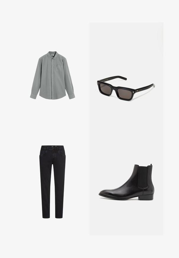 Langärmliges, graues Hemd mit Knopfleiste und Brusttasche, flach auf einem weißen Hintergrund ausgebreitet.; Schwarze Jeans aus Denim mit schlankem Schnitt, ausgestattet mit Fronttaschen, einem Reißverschluss und einer glatten Textur. Klassisches Fünf-Taschen-Design, vielseitig für die Freizeit.; ALDO BERT - Stiefelette - black; Schwarze rechteckige Sonnenbrille mit dunklen Gläsern, dickem Kunststoffrahmen, goldenen Akzenten an den Bügeln und eingraviertem Markenlogo am Arm.