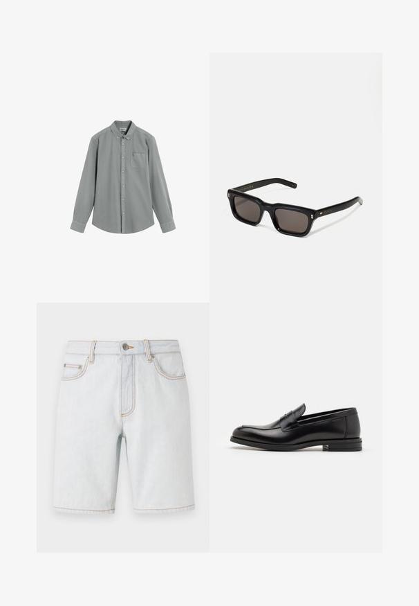 Pánská košile s dlouhým rukávem, šedá, s náprsní kapsou a límcem na knoflíky, položená na bílem pozadí.; Bally Džínové kraťasy - light blue; Černé kožené polobotky s hladkou texturou, zaoblenou špičkou a zdobným páskem přes nárt. Nízký stohovaný podpatek, minimalistický design.; Černé obdélníkové sluneční brýle s tmavými skly, silným plastovým rámem, zlatými akcenty na spáncích a vyrytým logem značky na nožičce.