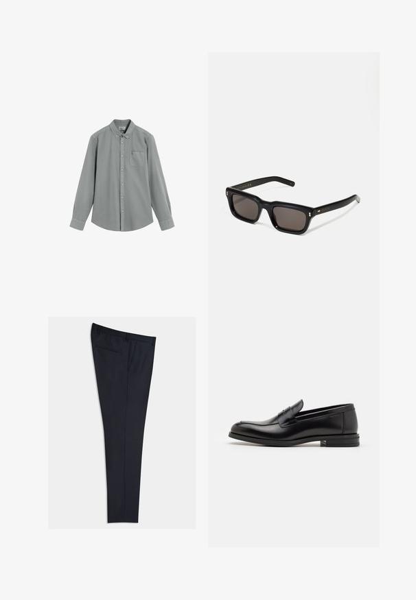 Langærmet grå skjorte med knapper, brystlomme og knap-nede krave, lagt fladt på en hvid baggrund.; Navy skræddersyede bukser lavet af et glat stof, med flad front, sidelommer og en enkelt baglomme. Lige ben.; Sorte læderloafers med en glat overflade, rund tå og en dekorativ strop over vampen. Lav hæl med stabeldesign, minimalistisk stil.; Sorte rektangulære solbriller med mørke glas, tyk plastisk ramme, guldtryk på stængerne og brandlogo indgraveret på armen.