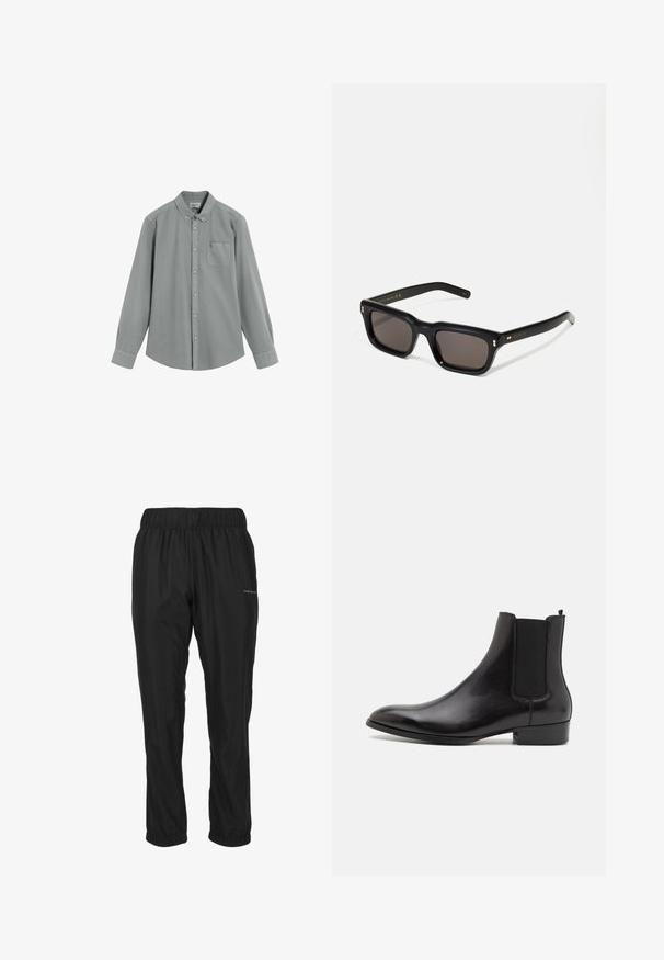 Harmaa pitkähihaisen nappipaidan, jossa on rintatasku ja napitettava kaulus, joka on aseteltu litteäksi valkoiselle taustalle.; Endurance Housut - black; ALDO BERT - Klassiset nilkkurit - black; Mustat suorakulmaiset aurinkolasit tummilla linsseillä, paksu muovikehys, kultaiset korostukset temppeleissä ja brändin logo kaiverrettuna varteen.