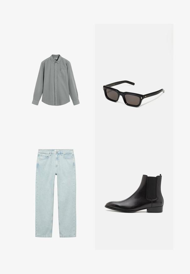 Pánská košile s dlouhým rukávem, šedá, s náprsní kapsou a límcem na knoflíky, položená na bílem pozadí.; Světlé modré džínové kalhoty s uvolněným střihem, rovnými nohavicemi, pěti kapsami a kovovým zapínáním v pase.; ALDO BERT - Kotníkové boty - black; Černé obdélníkové sluneční brýle s tmavými skly, silným plastovým rámem, zlatými akcenty na spáncích a vyrytým logem značky na nožičce.