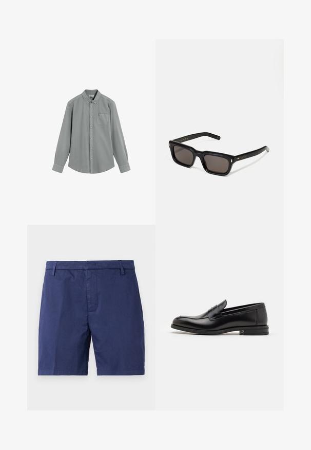 Chemise grise à manches longues avec poche poitrine et col boutonné, étalée à plat sur un fond blanc.; Shorts en coton bleu marine avec une coupe flat front, deux poches latérales et un ourlet droit. Ils sont dotés de passants de ceinture et d'une texture lisse.; Mocassins en cuir noir avec une texture lisse, bout rond et une sangle décorative sur le dessus. Talon bas empilé, design minimaliste.; Lunettes de soleil noires rectangulaires avec des verres foncés, monture en plastique épais, accents dorés sur les branches et logo de la marque gravé sur le bras.
