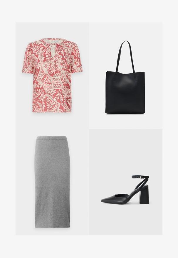 Blusa de manga corta en rojo claro con un patrón floral y geométrico en crema, que presenta un escote en forma de lágrima y un tejido suave y ligero.; Falda gris hasta la rodilla hecha de tela suave y elástica. Presenta un diseño simple y ajustado, con una cinturilla elástica y una textura suave.; Zapato de tacón puntiagudo de cuero negro con tira en el tobillo y tacón ancho. Textura plana, diseño elegante y estética minimalista.; Bolso tote de cuero negro con textura lisa, forma rectangular y dos asas largas. Sin herrajes ni adornos visibles.